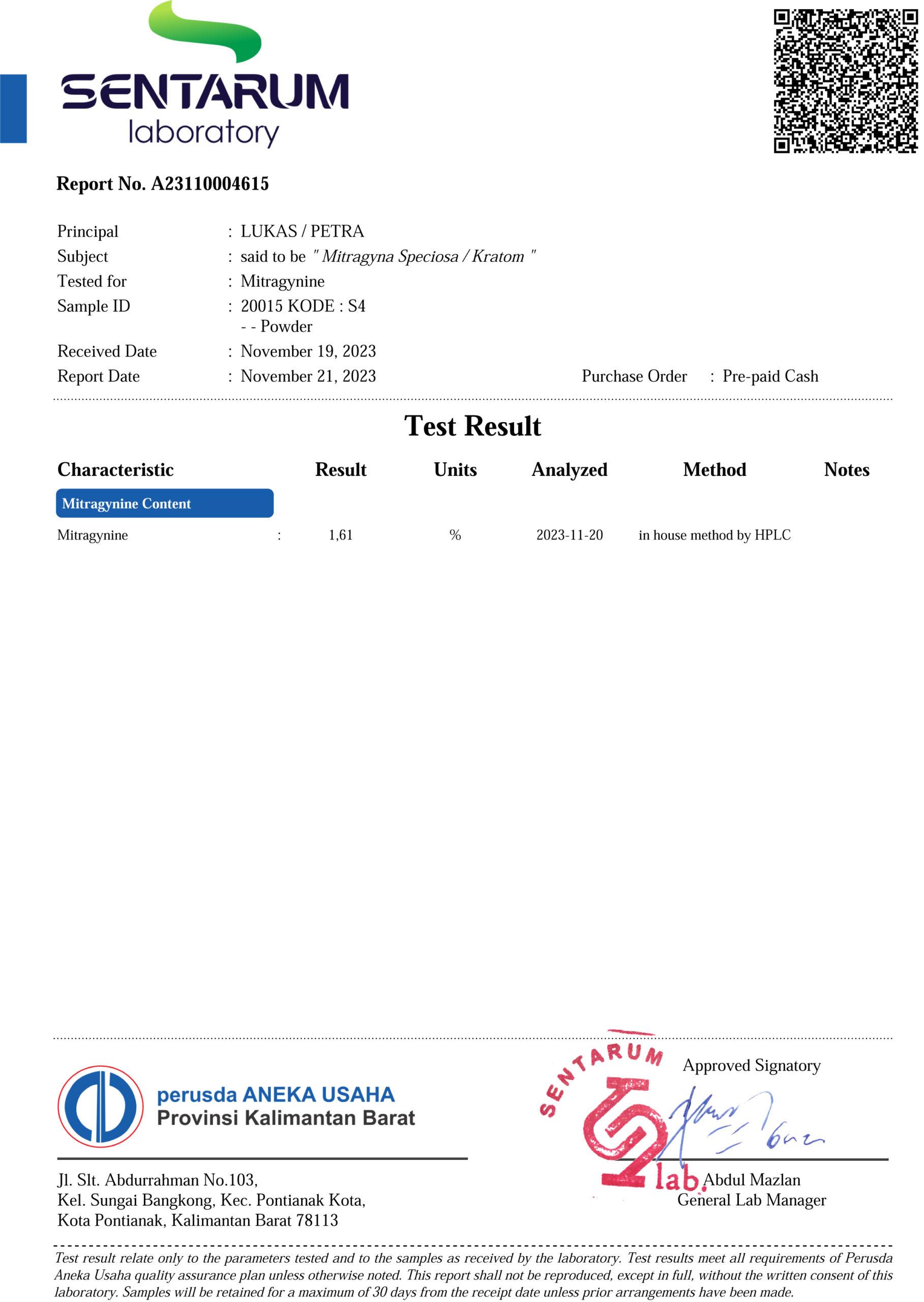 Red Indo Bali Lab Report 1.61% Mitragynine